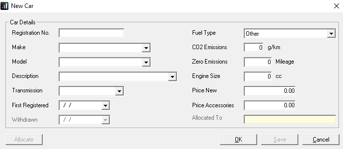 Screen fields to add a company car 